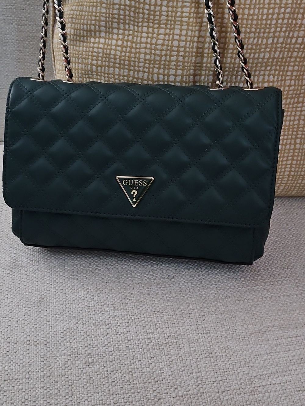 Guess Quilted Shoulder Bag in Dark Green with Gold Hardware